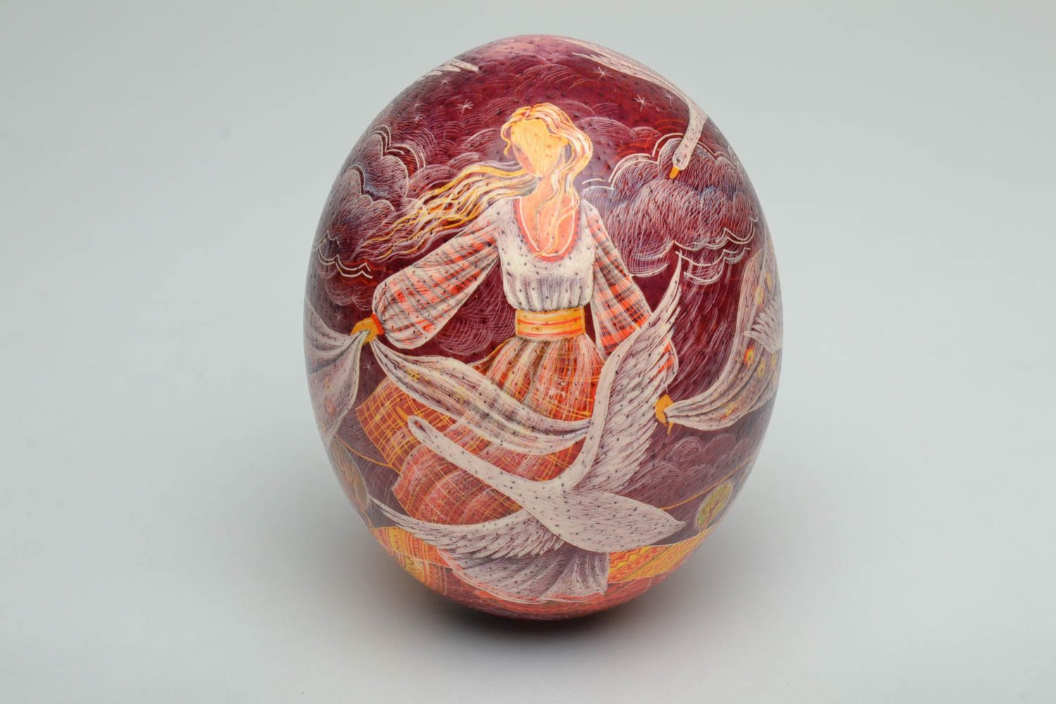 Handmade painted ostrich egg Girl with white birds