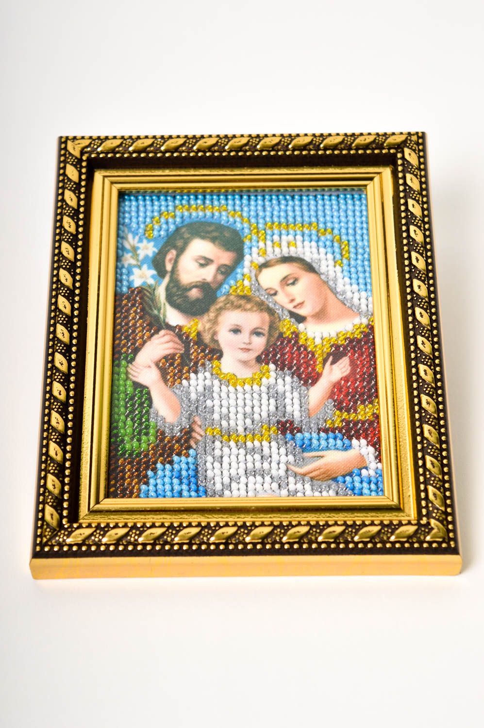 Icon The Holy Family, hand embroidered with Czech beads 