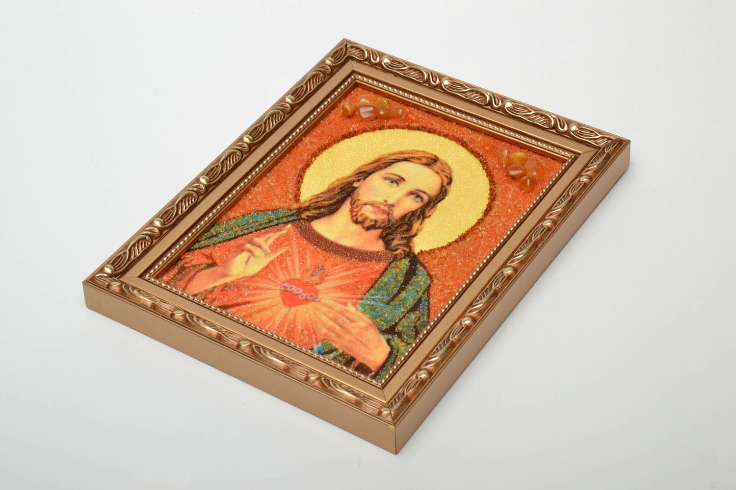 Catholic icon Heart of Jesus Christ, with amber crumb. 