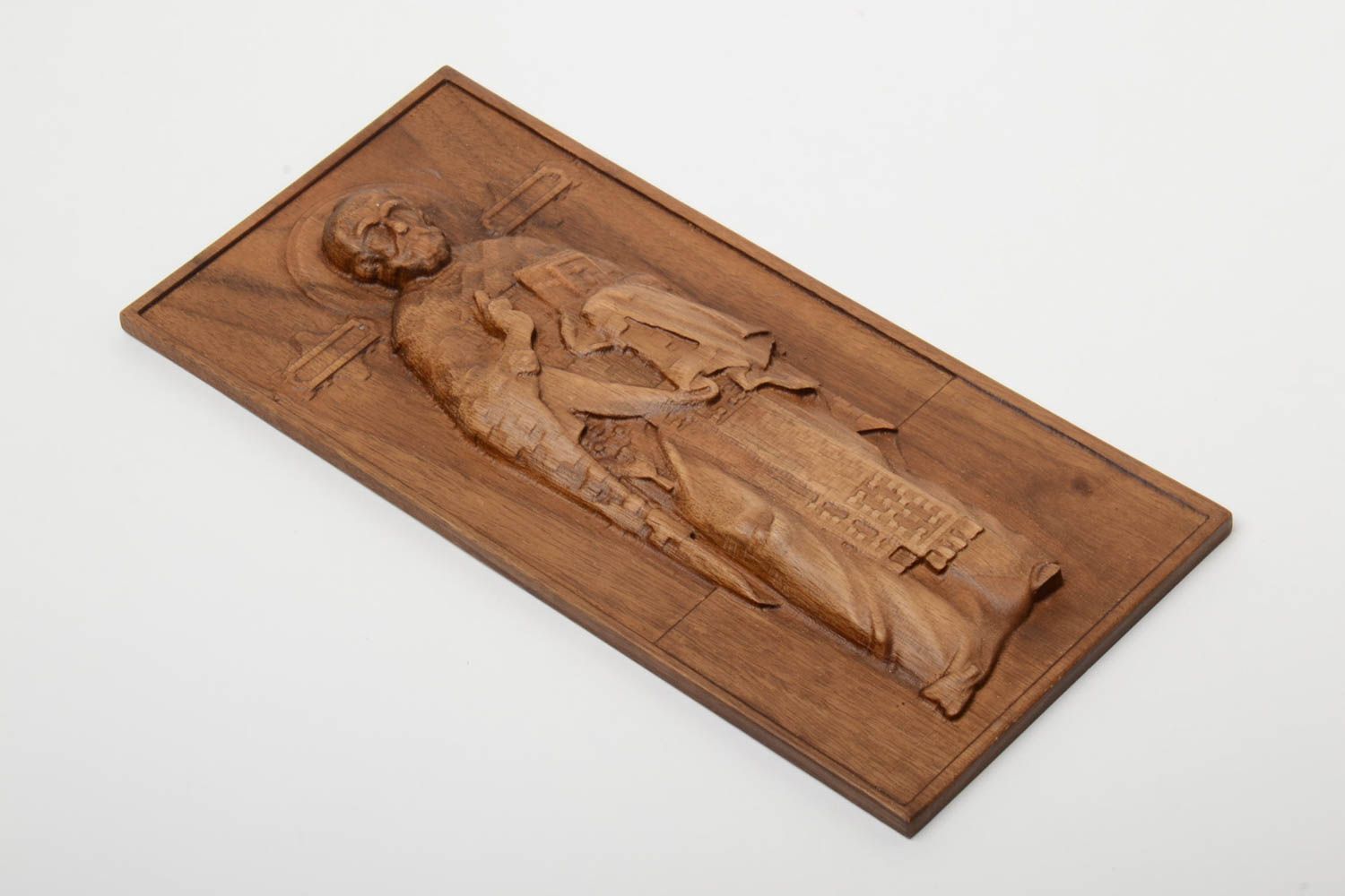 Wooden icon of St. Nicholas handmade with metal mount 