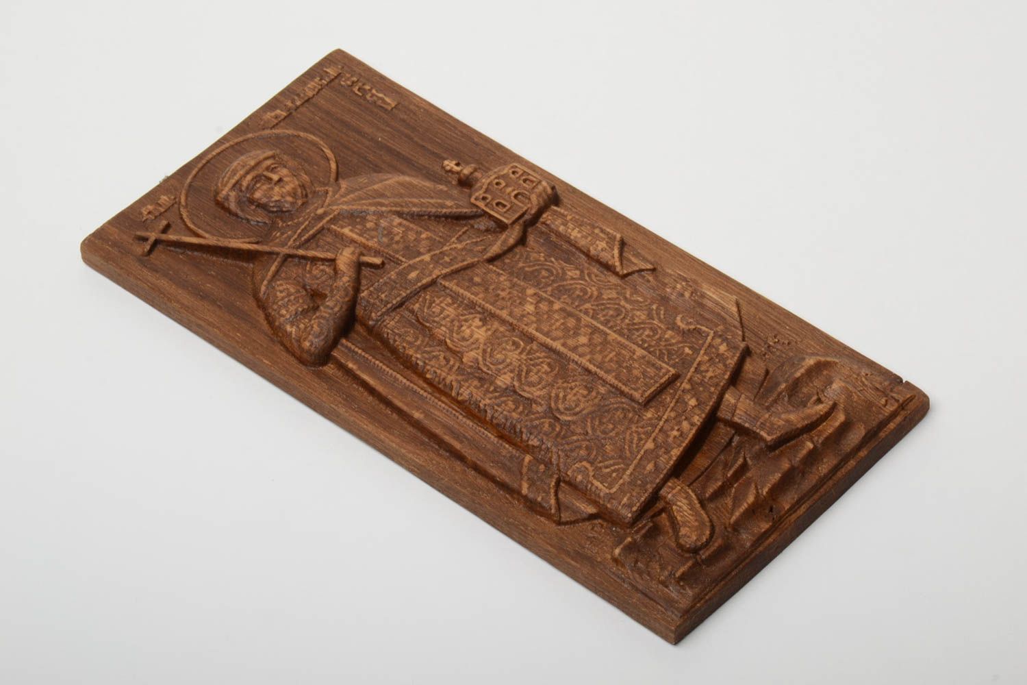 Carved wooden icon of Saint Blessed Prince Yaroslav the Wise, with metal fastening.